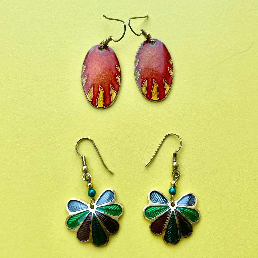 Vintage 80's 90's Cloissone Enamel Earrings Red & Gold Oval & Purple & Green